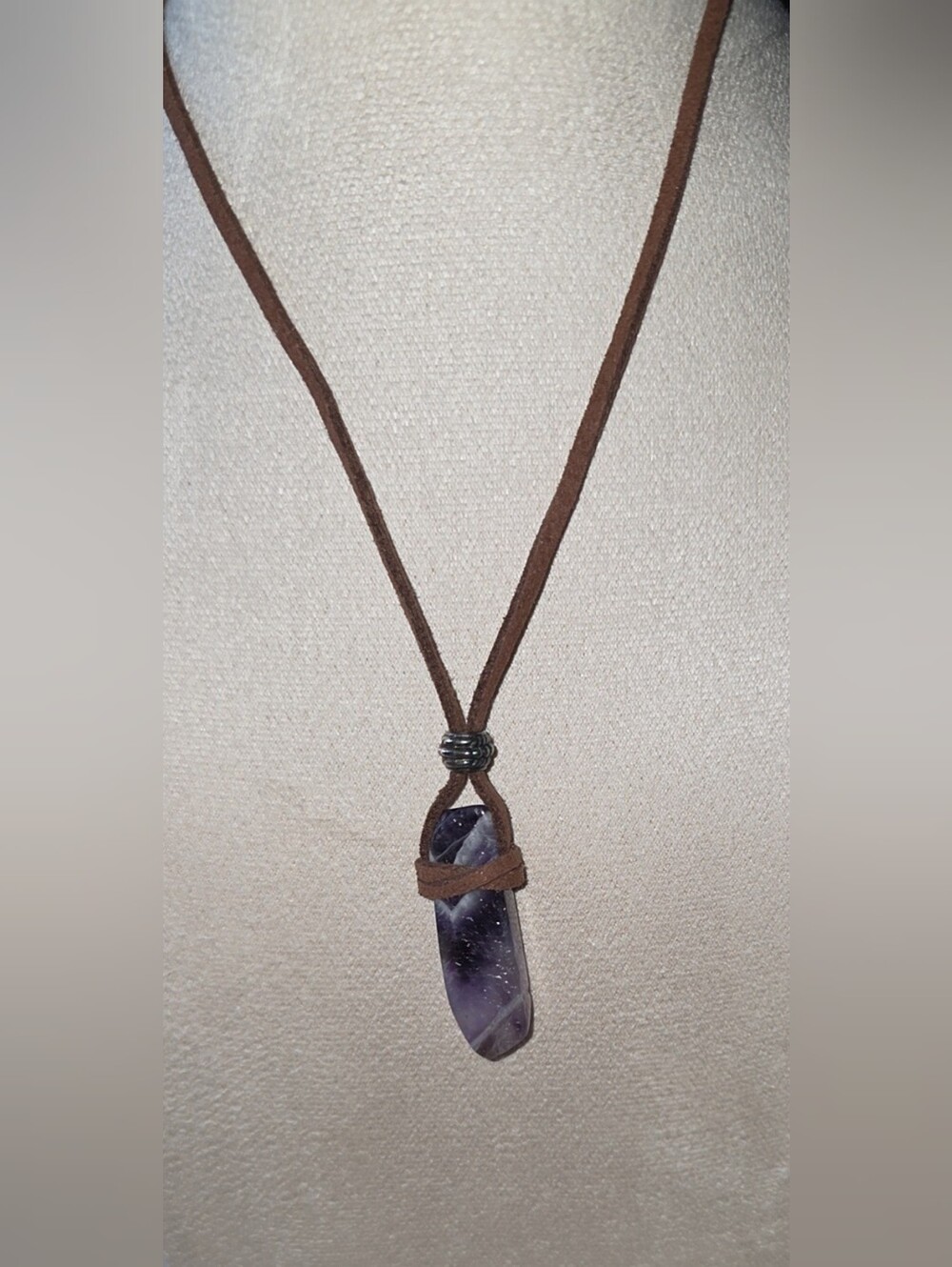 Chevron Amethyst Crystal Point On A Leather Cord Necklace